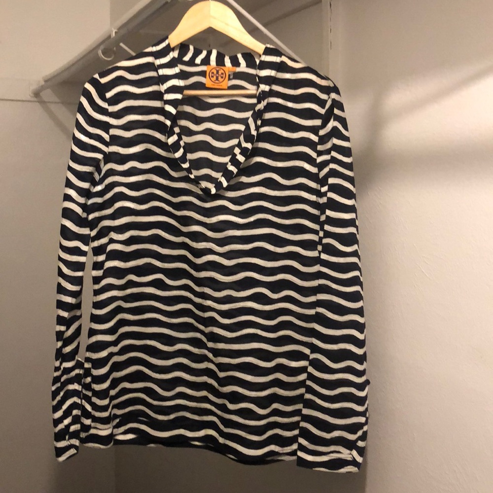 Tory Burch Navy & White Striped Sequin Tunic